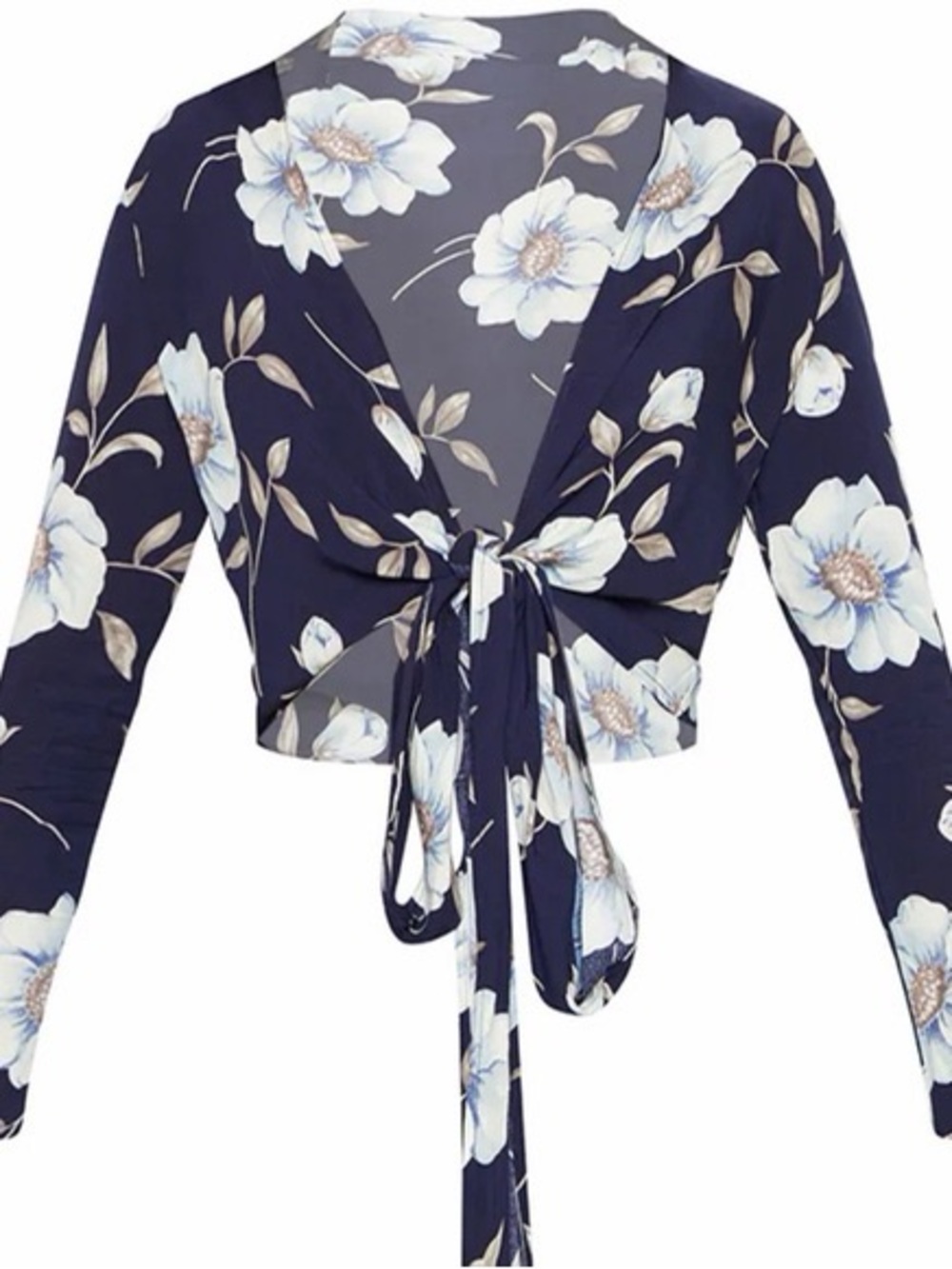 PrettyLittleThing Navy Blue Floral Tie-Front Crop Blouse